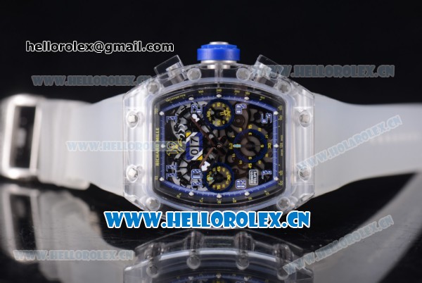 Richard Mille RM 011 Felipe Massa Flyback Chronograph Swiss Valjoux 7750 Automatic Sapphire Crystal Case with Skeleton Dial Blue Inner Bezel and Aerospace Nano Translucent Strap - Click Image to Close